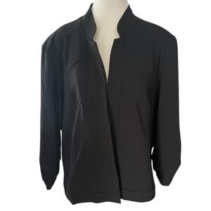 Roz & Ali Black Open Front Blazer Jacket Ruched 3/4 Sleeve Mandarin Collar XL